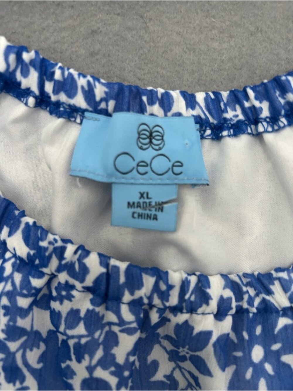 CeCe Blue and White Floral Tie Peasant Blouse - Picture 4 of 4